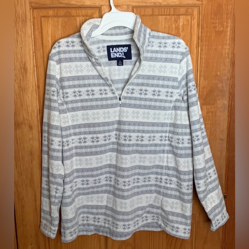 Womens Lands End Polar Fleece 1/4 Zip Pullover Sz Large Gray & White. Never worn